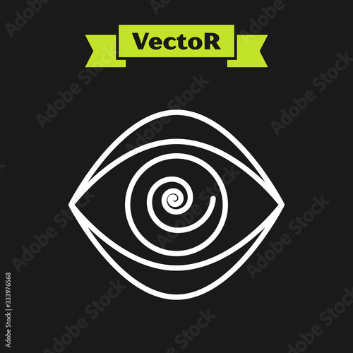 White line Hypnosis icon isolated on black background. Human eye with spiral hypnotic iris. Vector Illustration