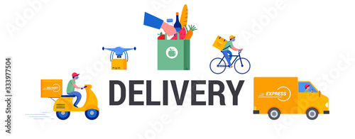 Safe online delivery during the coronavirus pandemic - online order tracking  delivery door to door  home and office. Warehouse  truck  drone  scooter and bicycle courier  delivery man in respiratory
