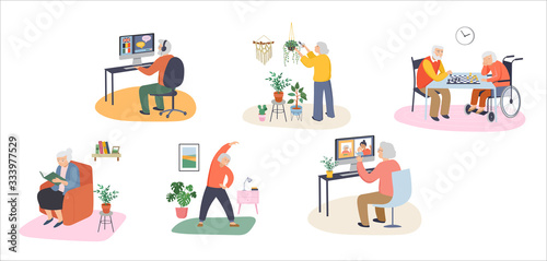 Elderly, old people, senior people at home, playing chess, chatting on computer with grandchildren, reading books, working out, learning languages. Vector illustration, cartoon set