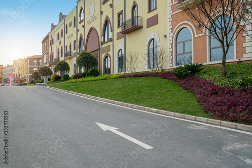 Highway and European town buildings