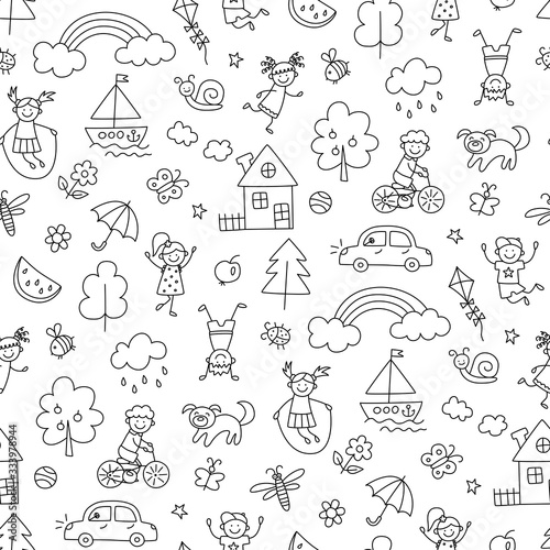 Happy children in summer park. Funny small kids play, run and jump. Seamless pattern in childish doodle style. Hand drawn vector illustration