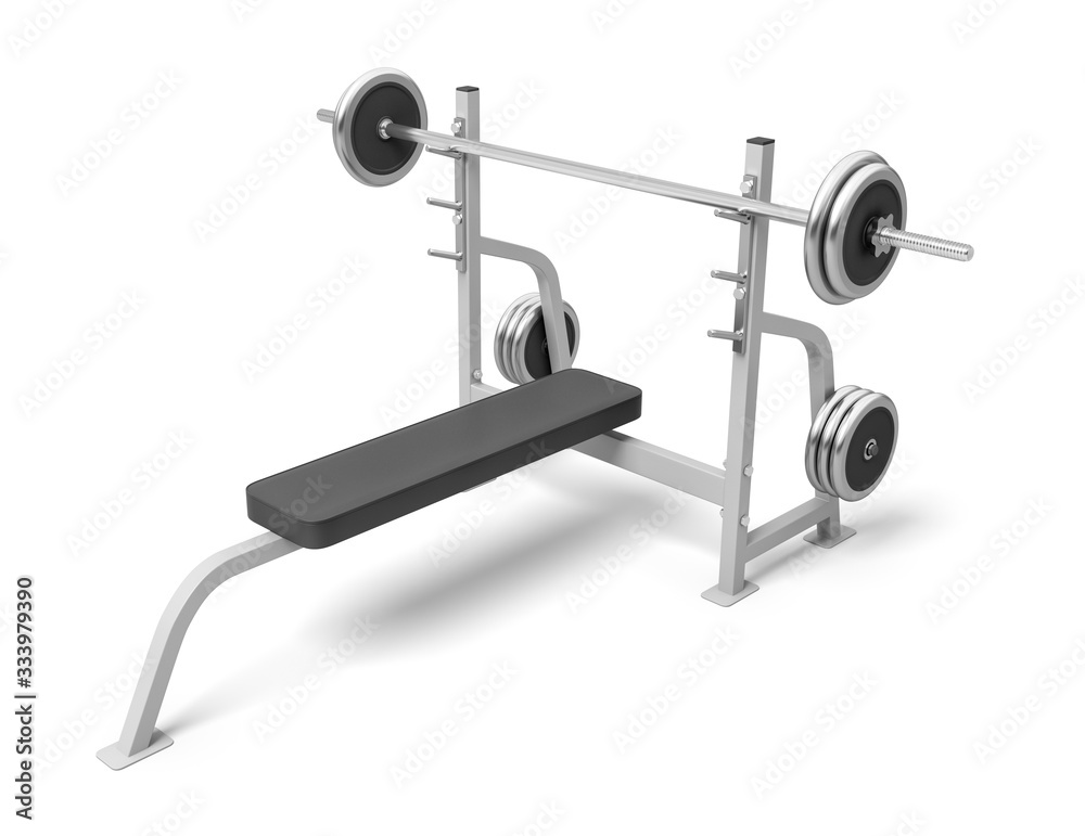 3d rendering of weight bench with metal barbell isolated on white background 3d rendering of weight bench with metal barbell isolated on white background