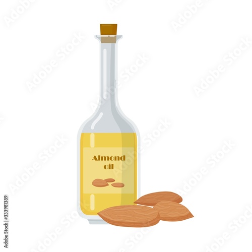 Almond oil in bottle with organic nuts. Natural product or liquid in jar isolated on white background. Tree seeds used in cosmetics, health care cartoon vector illustration.