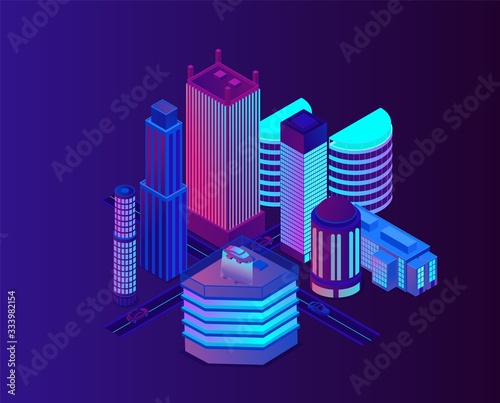 Neon city with modern and futuristic architecture. Urban future megapolis illuminated highway. Innovation in night town cartoon vector illustration.