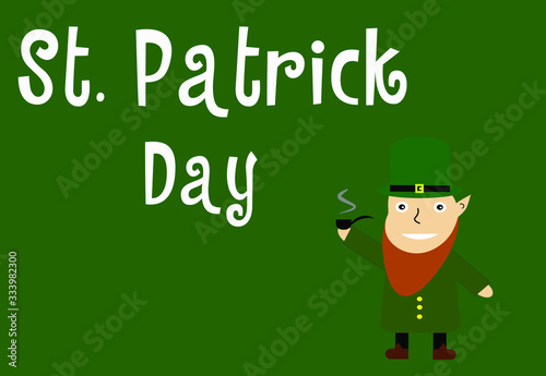 Vector illustration for Saint Patrick Day. St. Patrick greeting card wirh leprechaun on the green background. Cute illustration with funny character for patrick day. photo