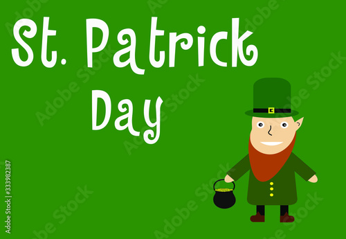 Vector Saint Patrick illustration. St. Patrick greeting card wirh leprechaun ot the green background. photo