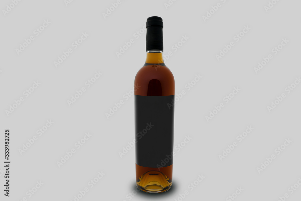 mockup of a bottle of wine santo with black label and gray background. mockup of a bottle of wine santo with black label and gray background.