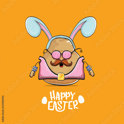 vector rock star easter potato funny cartoon character with blue bunny ears isolated on orange background. rock n roll easter party poster or happy easter greeeting card photo