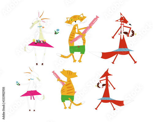 Stylized fairy tale animals goat cat and fox. Vector graphics.
