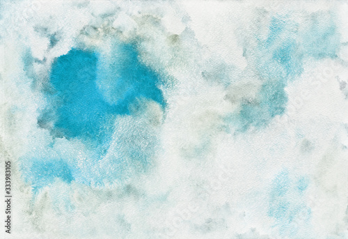 Cloudy sky hand drawn  textured illustration. Abstract watercolor artistic background. Watercolour heaven with clouds. Blue sky, shades of white stains. Painted fresco imitation texture. © Elena Panevkina