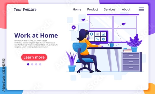 Working from home concept, A woman work on computer, stay at home on quarantine during the Coronavirus Epidemic. Modern flat web landing page design template. Vector illustration