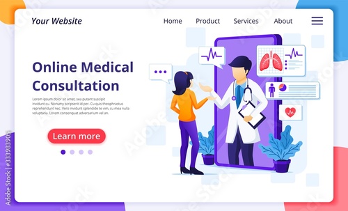 Online medical consultation concept, online health care assistance. Modern flat web landing page design template. Vector illustration