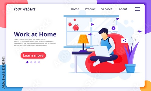 Working from home concept, A man work on laptop, stay at home on quarantine during the Coronavirus Epidemic. Modern flat web landing page design template. Vector illustration