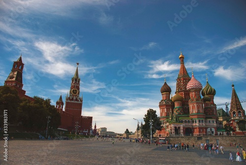 The colourful onion domes of the iconic St Basils Cathedral on Red Square in Moscow, Russia