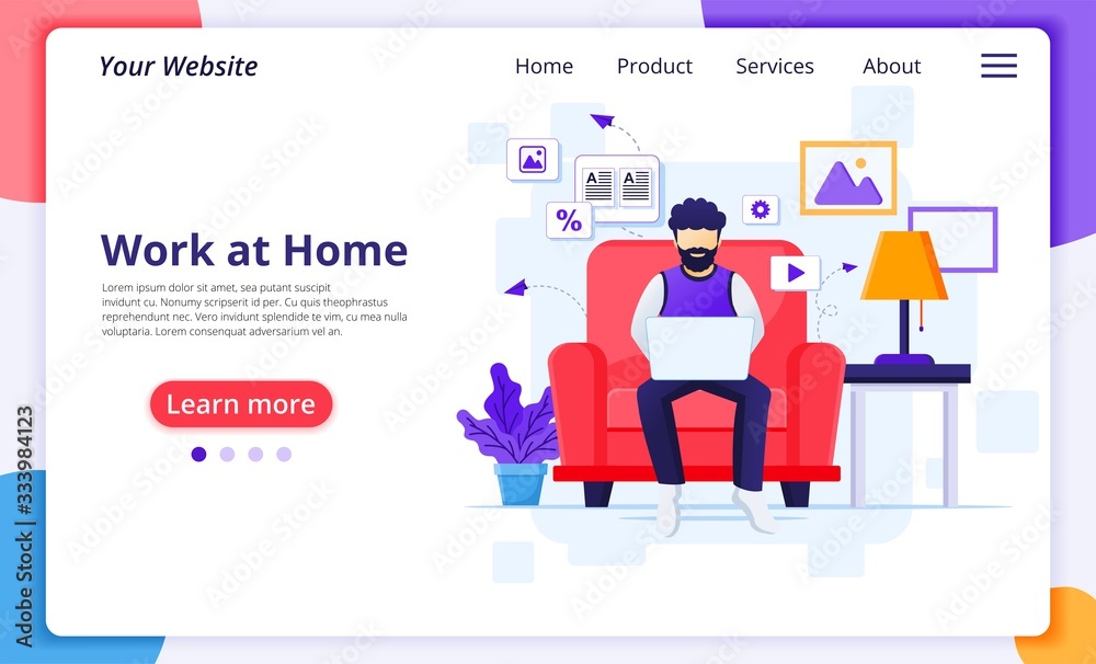 Working from home concept, A man work on laptop and sitting on sofa, stay at home, Quarantine during the Coronavirus Epidemic. Modern flat web landing page design template. Vector illustration