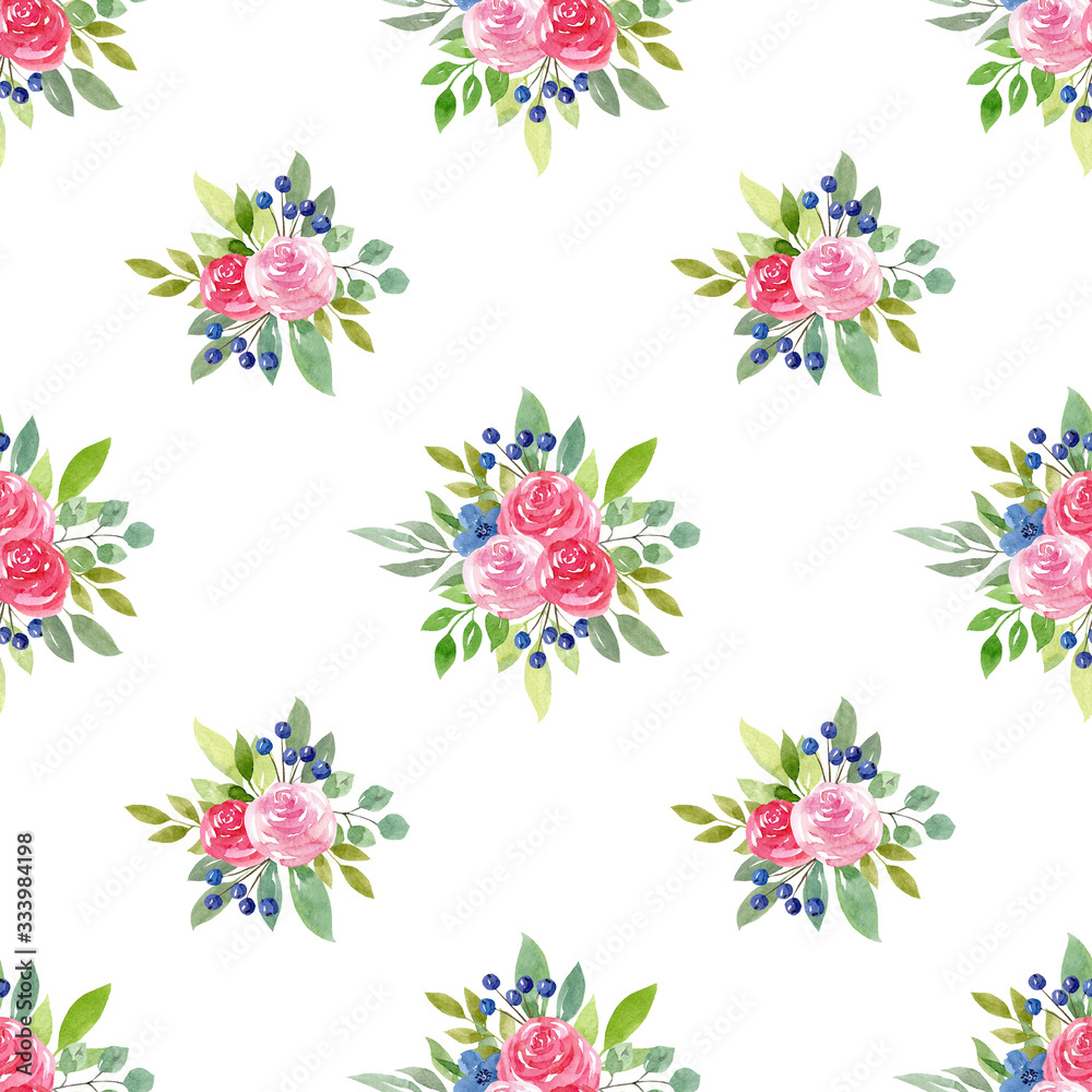 Floral watercolor seamless pattern with pink roses, blue flowers, berries isolated on white background. Hand drawn illustration.