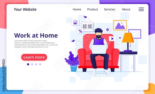 Working from home concept, A man work on laptop and sitting on sofa, stay at home, Quarantine during the Coronavirus Epidemic. Modern flat web landing page design template. Vector illustration