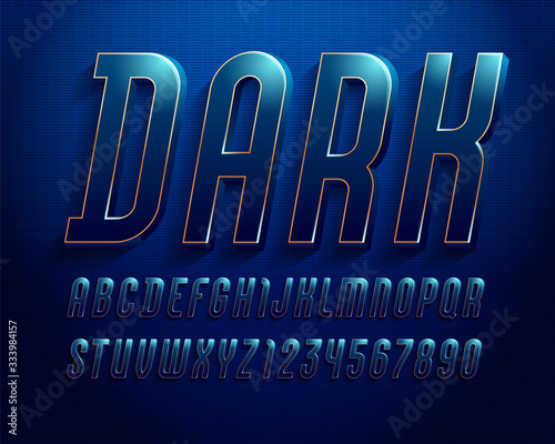 3d font from dark blue color, trendy gloomy alphabet sans serif, modern italic letters and numbers for your logo, flyer, film poster, fashion banner, vector illustration 10eps.