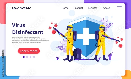 Disinfectant worker in hazmat suits sprays cleaning and disinfecting covid-19 coronavirus cells. disinfect protection from virus concept. Modern flat web landing page design template. Vector illustrat