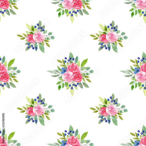 Floral watercolor seamless pattern with pink roses, blue flowers, berries isolated on white background. Hand drawn illustration. © NatNat