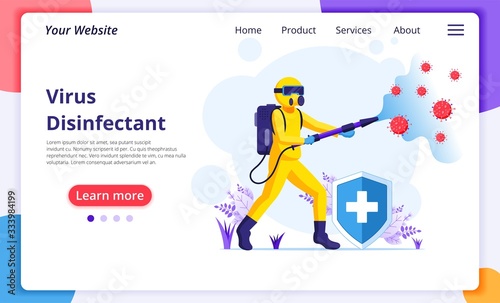 Disinfectant worker in hazmat suits sprays cleaning and disinfecting covid-19 coronavirus cells. disinfect protection from virus concept. Modern flat web landing page design template. Vector illustrat