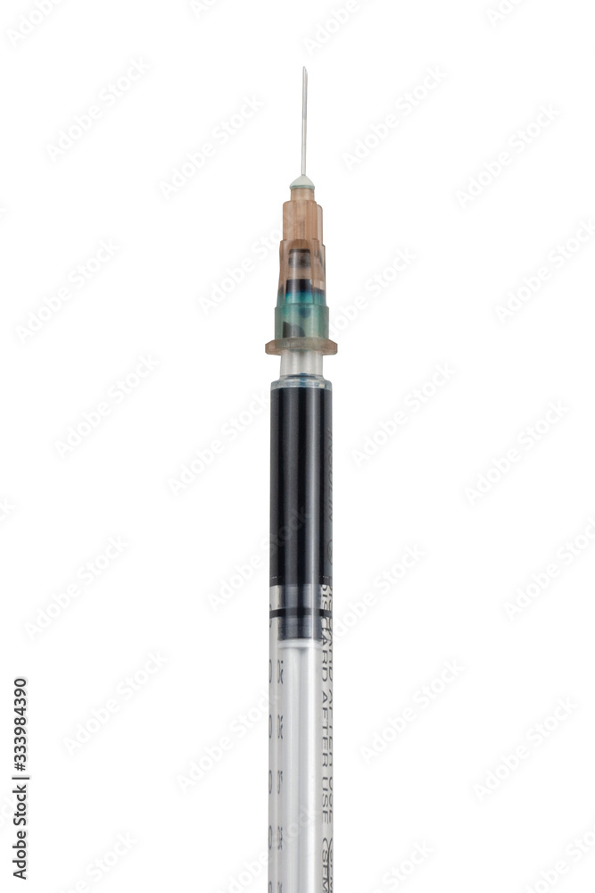Syringe with injection coronavirus vaccine solution isolated on a white background. COVID pandemic protection Syringe with injection coronavirus vaccine solution isolated on a white background. COVID pandemic protection