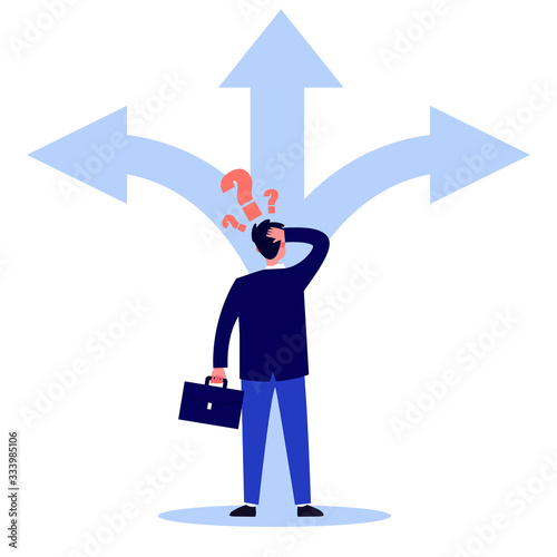 Adult person thinking about direction flat vector illustration. Man in formal suit having questions and choosing way for work. Three big arrows. Carrier and selection concept.