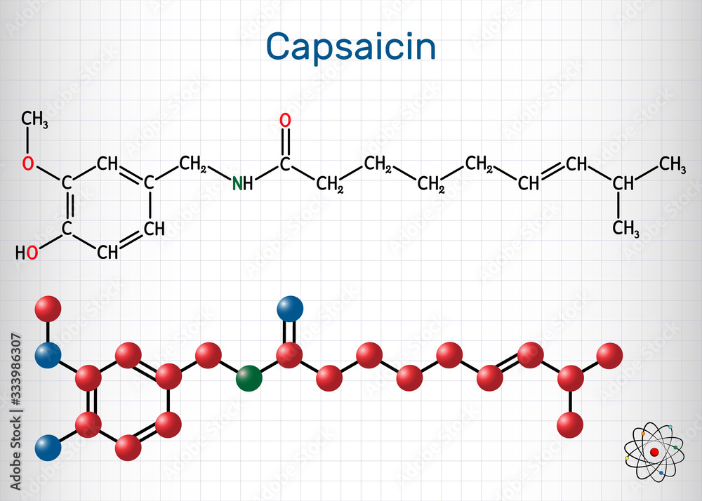 Capsaicin, alkaloid, C18H27NO3 molecule. It is chili pepper extract with non-narcotic analgesic properties. Structural chemical formula and molecule model. Sheet of paper in a cage Capsaicin, alkaloid, C18H27NO3 molecule. It is chili pepper extract with non-narcotic analgesic properties. Structural chemical formula and molecule model. Sheet of paper in a cage