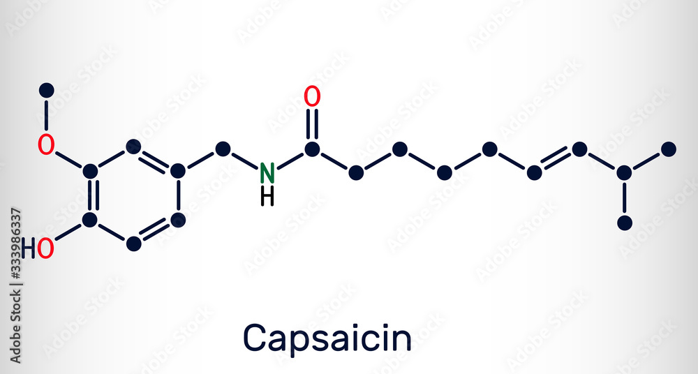 Obraz premium Capsaicin, alkaloid, C18H27NO3 molecule. It is chili pepper extract with non-narcotic analgesic properties. Structural chemical formula