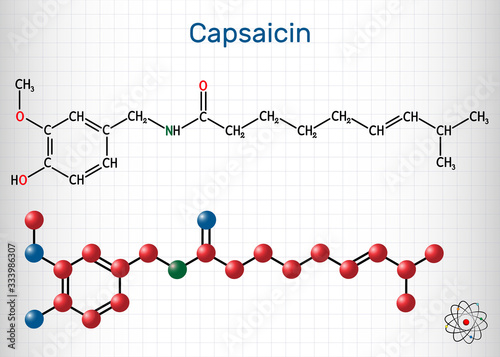 Capsaicin,  alkaloid, C18H27NO3 molecule. It is chili pepper extract with non-narcotic analgesic properties. Structural chemical formula and molecule model. Sheet of paper in a cage