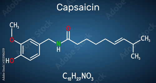 Capsaicin,  alkaloid, C18H27NO3 molecule. It is chili pepper extract with non-narcotic analgesic properties. Structural chemical formula on the dark blue background