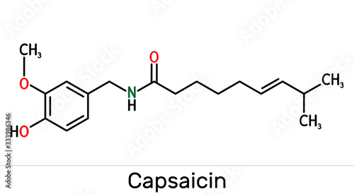 Capsaicin,  alkaloid, C18H27NO3 molecule. It is chili pepper extract with non-narcotic analgesic properties. Structural chemical formula