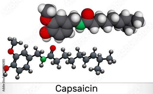 Capsaicin,  alkaloid, C18H27NO3 molecule. It is chili pepper extract with non-narcotic analgesic properties. Molecular model photo