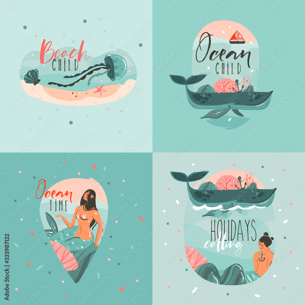 Hand drawn vector abstract cartoon summer time fun cards collection set template with happy swimming mermaids and whales in blue ocean water and typography quote isolated on white background