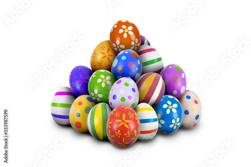 Pile or stack of Easter Eggs ready for the Hunt. Colorful, ornate and decorated Easter Eggs piled or stacked in pyramid shape isolated white background, cut out or cutout