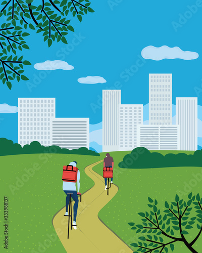 Deliverymen cycling in empty city park vector