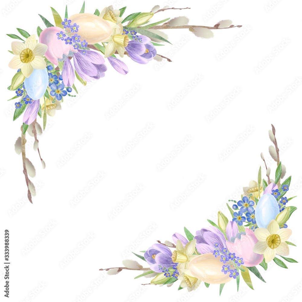 Floral Corner border | Watercolor spring botanical illustration with crocuses, narcissus flowers and eggs for romantic design  on a white background, for greeting card, wedding design, cards