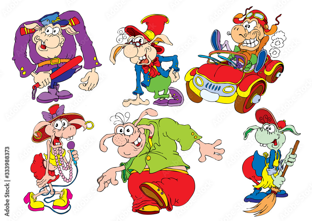 set of policeman, clown, singer, janitor, taxi driver, dancer, isolated object on a white background, vector illustration, set of policeman, clown, singer, janitor, taxi driver, dancer, isolated object on a white background, vector illustration,