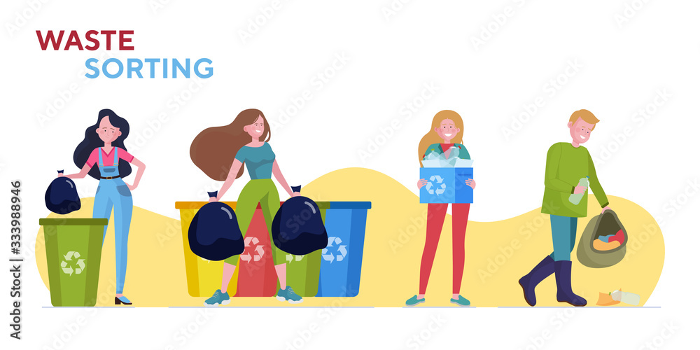 Waste sorting set. People carrying bags with garbage to different trash bins flat vector illustration. Cleaning, recycling, ecology concept for banner, website design or landing web page Waste sorting set. People carrying bags with garbage to different trash bins flat vector illustration. Cleaning, recycling, ecology concept for banner, website design or landing web page