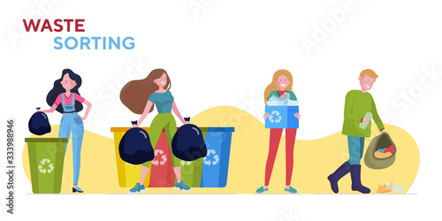 Waste sorting set. People carrying bags with garbage to different trash bins flat vector illustration. Cleaning, recycling, ecology concept for banner, website design or landing web page