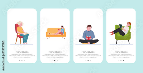 People reading books at home. Students studying textbooks flat vector illustration. Knowledge, leisure, reader, literature concept for banner, website design or landing web page