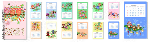 Calendar 2021. Cute owls and birds for every month.