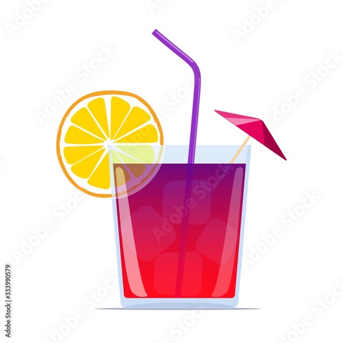 Exotic cocktail with straw, lemon wedge and umbrella. Summer beach bar cocktail. Vector illustration.