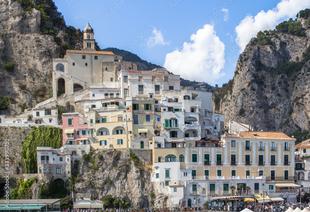 Panoramic view of the houses in Amalfi city, Italy