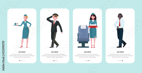 Air crew set. Stewardess, pilot, captain flat vector illustration. Airliner staff, occupation, travel concept for banner, website design or landing web page
