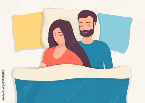 Man and woman sleeping in bed. Loving couple sleeps at night. Lovers sleep in an embrace. Flat vector illustration.