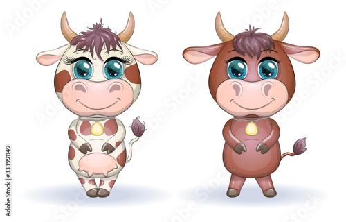 A cute cartoon couple of cow and bull in flowers with beautiful big eyes. Symbol of the year 2021 according to the Chinese calendar. Children's illustration