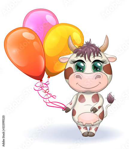 Cute cartoon cow with balloons with beautiful blue eyes. The concept of a holiday, birthday. Children's illustration