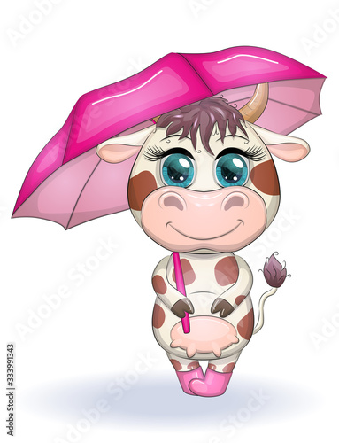 Cute cartoon cow with umbrella and boots with beautiful blue eyes. Children's illustration
