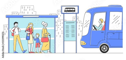Passengers waiting for bus and standing at bus stop flat vector illustration. Driver sitting in auto. Man and woman with bag, backpack and suitcase. Transportation and public transport concept